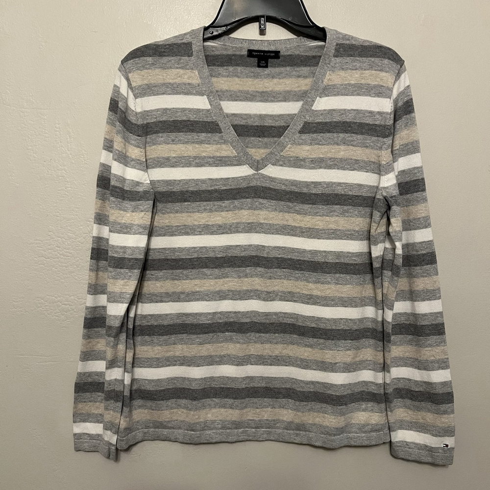 Tommy Hilfiger Women’s Long Sleeve Striped V-Neck Preppy‎ Sweater Sz Large